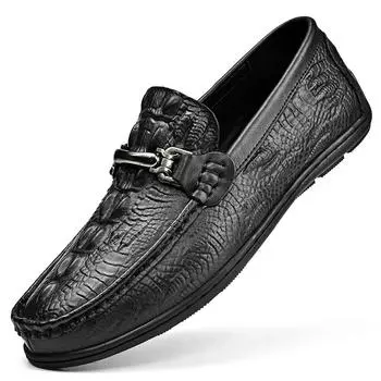 Spring New Brand Crocodile Patterned Loafers Genuine Leather Business Leather Shoes Soft Soled Luxury Metal Buckle Driving Shoes 37 чёрный
