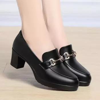 Spring New Comfort Square Heel Metal Chain Women Soft Leather Shoes Fashion Slip On Chunky Heel Casual Mary Jane Shoes 35(Foot22.5cm)