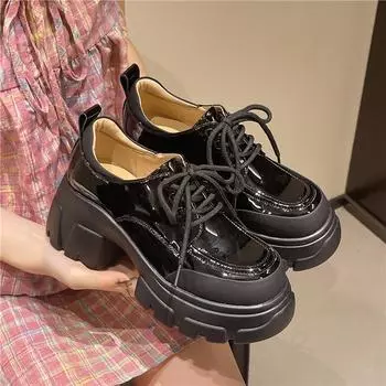 Spring new fashionable super high heel thick bottom lace-up small height increase soft leather soft leather 35