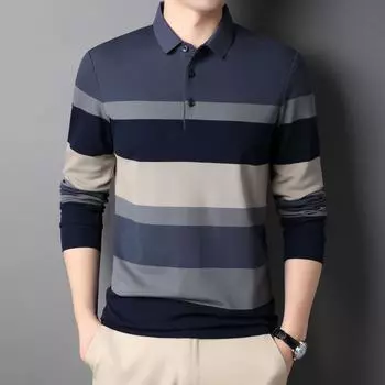 Spring New Men s Long-sleeved Lapel Hooded Color-blocked Middle-aged Men s Casual Straight Striped T-shirt M