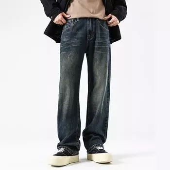 Spring New Retro Wash American High Street Loose Straight Jeans Trousers 28 синий