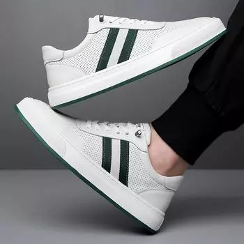 Spring New Shoes for Men Genuine Leather Casual Shoes White Breathable Flat Skateboard Shoes Street Cool Striped Sneaker 38
