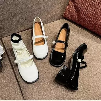 Spring New Style Women Shoes Elegant Pearl Buckle Square Heel Pumps Square Toe Leather Fashion Mary Jane Shoes Mid-heel Shoe 40 белый
