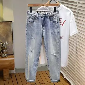 Spring Nostalgic Blue Small Ripped Stretch Jeans Nine-point Pants Men s Nine-point Pants 28
