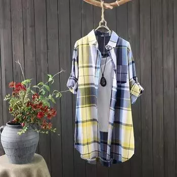 Spring Plaid Mid Length Blouses Autumn Casual Loose Button Blouses Women Fashion Long Sleeve Elegant Shirt XXXL зелёный