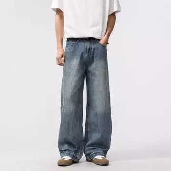 Spring Retro Washing Straight Jeans Men s American Wide-leg Trousers S синий