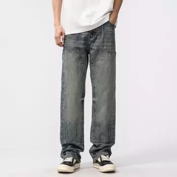 Spring Retro Work Pants Loose Straight Pants New American Wide-leg Logging Jeans 28