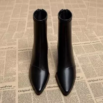 Spring Sexy Chelsea Boots Pointed Tip Thick Heel Back Zipper Middle Follow Women Shoes New Microfiber Leisure Comfortable Smooth 34 чёрный