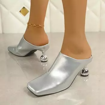 Spring Square Toe Heeled Shoes Fashion Woman Slippers Slingback Mules Shoes Women Pumps Designer 2025 New Trend Women’s Zapatos 35 серебряный