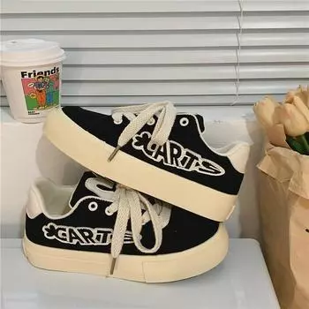 Spring Student Black Board Shoes Women s Trend Letter Embroidery Flat Canvas Shoes Breathable Casual Women s Shoes 35 чёрный