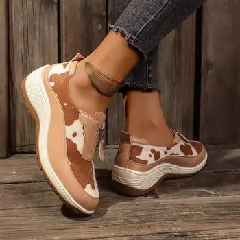 Spring, summer and autumn new leopard print versatile shallow mouth casual front zipper flat bottom large size single shoes women 36 синий