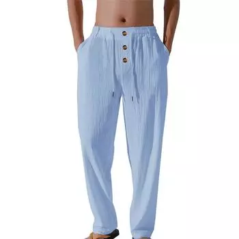 Spring Summer Long Pants for Men Breathable Lightweight Casual Straight Leg Cotton Trousers Solid Color Button Drawstring Pants S