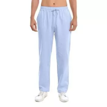 Spring Summer Long Pants for Men Cotton Linen Solid Color Lightweight Pants Casual Sweatpants Elastic Waist Basic Style Trousers S небесно-голубой