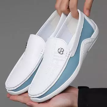 Spring Summer New Shoes for Men Leather Casual Shoes Comfortable Flat Driving Shoes Street Fashion Slip-on Loafers Big Size 38 небесно-голубой