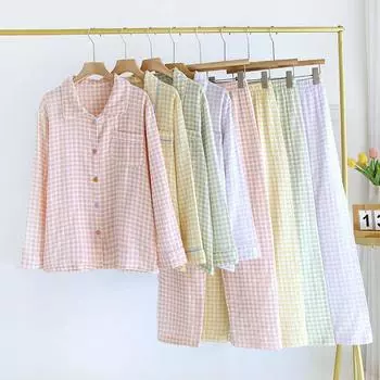 Spring/Summer New Women s Sleepwear Long Set 100% Cotton Plaid Long Sleeve Long Pants Two Piece Set Collar Home Clothes M розовый