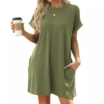 Spring Summer Solid Color Round Neck Pocket Loose Short Sleeved Casual Dresses S чёрный