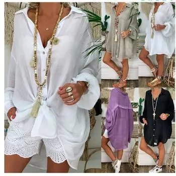 Spring Summer Women s Thin Blouse Solid Color Loose Long-sleeve Casual Cotton Linen Shirt XXXXXL белый