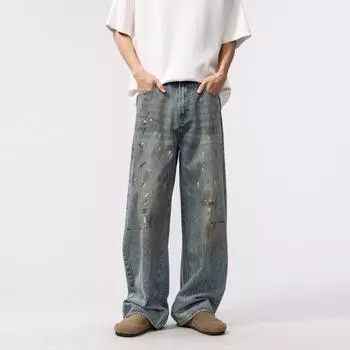 Spring Tie-dye Jeans American High Street Retro Old Loose Straight Pants S