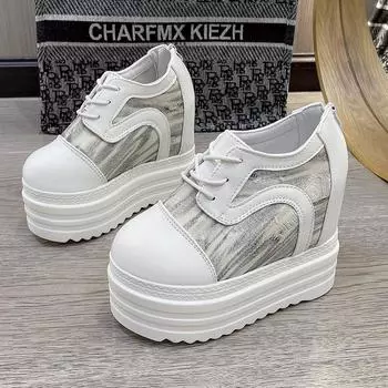 Spring Women Ankle Boots 2024 Fashion Winter Ladies Platform 10cm High Wedges Leather Casual Shoes Woman Chunky Black Sneakers 34 чёрный