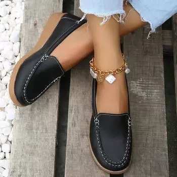 Spring Women Flats 2024 Soft Pu Leather Shallow Single Shoes Femme Walking Casual Shoes Loafers Women Boat Shoes Zapatos Mujer 35 чёрный