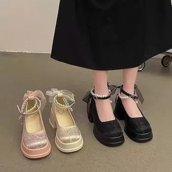 Spring Women Thick Platform Mary Janes Lolita Shoes Summer 2024 New Bow Chain Party Pumps Fashion Oxford Shoes Zapatos De Mujer 35 чёрный