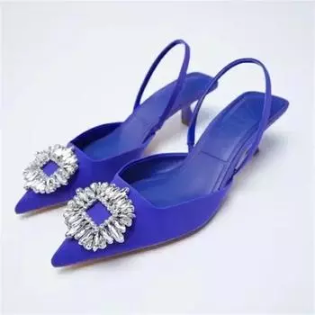 Square Buckle Back Hollow Stiletto Heel Pointed Toe Shoes Baotou Sandals for Women New Summer Rhinestone Wedding Shoes Bride 35 чёрный