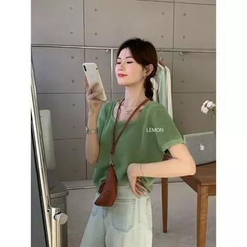 Square Collar 2024 Summer Easiest for Match Thin Top Short Sleeve Knitwear Light green One size(Recommend (40.00 kg-60.00 kg)