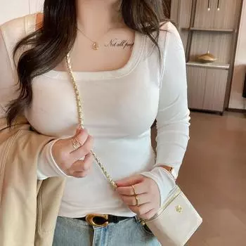 Square Collar Threaded Long-sleeved Bottoming Shirt for Women, Modal Inner Layer, Can Be Worn Outside In Spring and Autumn, Right Shoulder Tt-shirt S