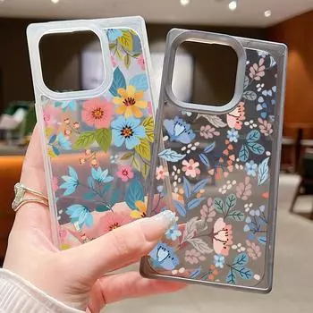 Square Frosted Phone Case for iPhone 16 Pro 15 14 Plus 13 12 Pro Max 11 Color Flower Butterfly Pattern Shockproof Tpu Soft Clear Slim Cover iPhone 16 чёрный