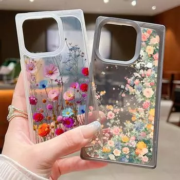 Square Frosted Phone Case for iPhone 16 Pro 15 14 Plus 13 12 Pro Max 11 Colorful Flower Butterfly Pattern Shockproof Tpu Soft Clear Slim Cover iPhone 16 чёрный