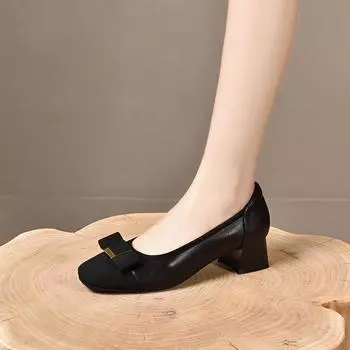 Square head high heels women s new temperament cowhide color matching light mouth single shoes soft sole soft surface fashion shoes 34