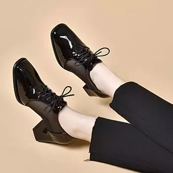 Square head high heels women s spring and summer new cow patent leather mesh lace-up deep mouth single shoes thick heel leather shoes 34