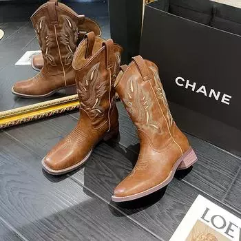 Square head mid-tube western cowboy boots versatile rough heel summer Martin boots retro embroidered knight boots women 34