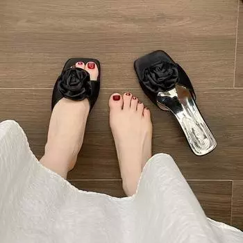 Square head one-word drag new summer new flower temperament sandals with skirt high-heeled slippers 35