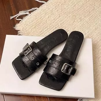 Square head one-word drag rose red square buckle thin belt buckle square heel temperament low heel cool slippers women s summer outer wear 35