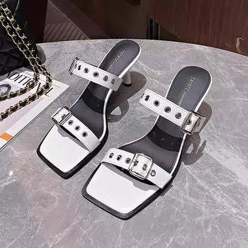 Square Head Open Toe with High Heels Women s New Summer Metal Belt Buckle Thin Patent Leather Sandals 35 чёрный