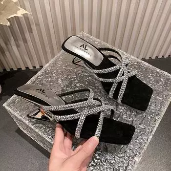 Square Head Sequin Thin Strip Flip-flops Summer New Soft Sole Open-toe Temperament Wedge Sandals 35