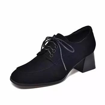 Square head small leather shoes women s autumn black sheepskin high heels lace-up thick heel single shoes four seasons shoes 34