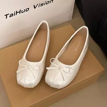 Square head soft leather ballet single shoes women s summer new shallow bow niche flat grandma shoes 35