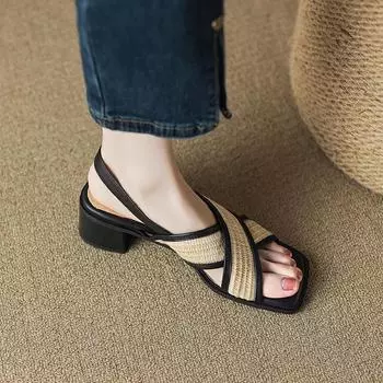 Square Heel Solid Lace-up Sandals for Women 2024 New Hot Sale Summer Med Heel Ladies Shoes Rubber Shallow Pu Women s Sandals 35 абрикосовый