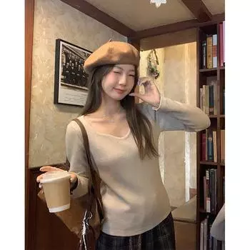 Square-neck design, one-piece plus velvet, thickened warm knitted bottoming shirt for women, autumn and winter inner wear, slim V-neck top S