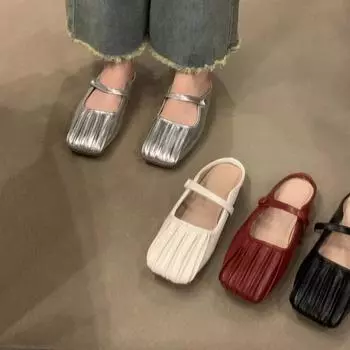 Square Toe Flat Bottom Summer Women s Slippers Fashion Casual All-match Muller Shoes Baotou Pleats Soft Rubber Half-slippers 35 чёрный