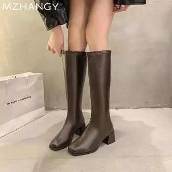 Square Toe Women Leather Snow Boots Mid Heels Fashion Cozy Warm High Boots Women 2024 Trend New Winter Dress Sexy Botas Mujer 35 чёрный
