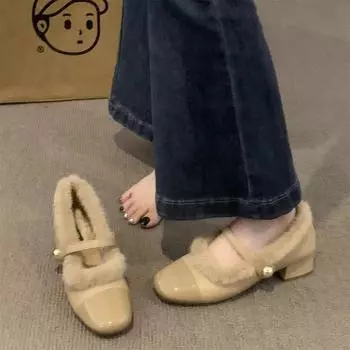Square Toe Women Plush Mary Jane Shoes Fashion Shallow Ladies Casual Soft Pumps 2024 New Women s Warm Comfort Thick Sole Shoes 38