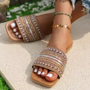 Square Toe Women s Flat Slippers Fashion Mix Color Slippers Women Shoes Comfort Summer Outdoor Beach Sandals Zapatillas De Mujer 36 коричневый