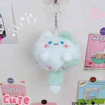 Squeak Cat Soft Tail Plush Toy Cartoon Soft Stuffed Cat Keyring Home Decor