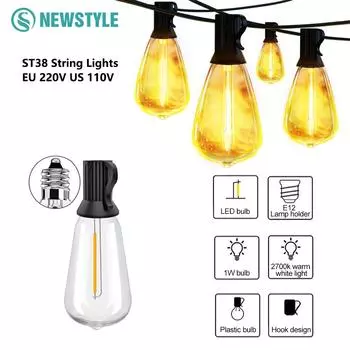 ST38 Outdoor LED String Lights IP65 Waterproof LED Bulb Dimmable Outside Patio Lights Christmas Pub Campsites Decor Lights EU US EU Plug