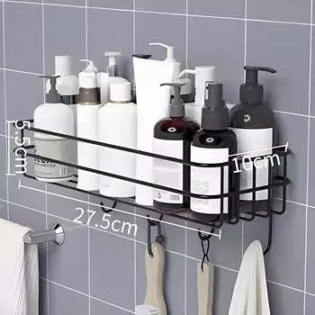 Stainless Steel Bathroom Shelf for Wall, Self Adhesive Bathroom Organiser, 4 Hooks for Towel Holder, Space-Saving Wall Mounted Bathroom Shelf