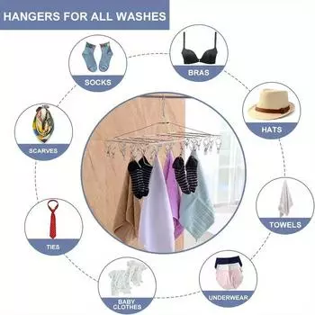 Stainless Steel Sock Drying Rack with 20 Clips - Windproof Clothing Hanging Storage Rack - Space-saving Hanger for Bedroom, Bathroom, Wardrobe, Home