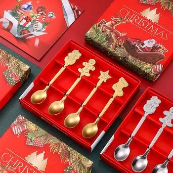 Stainless Steel Spoon Tableware Round Spoon Cake Dessert Ice Cream Coffee Spoon Creative Christmas Spoon Set